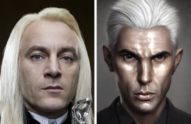 Ông Lucius Malfoy, bố của Draco, được miêu tả có khuôn mặt nhọn, nhợt nhạt với đôi mắt xám lạnh lùng và mái tóc ngắn màu vàng nhạt. 