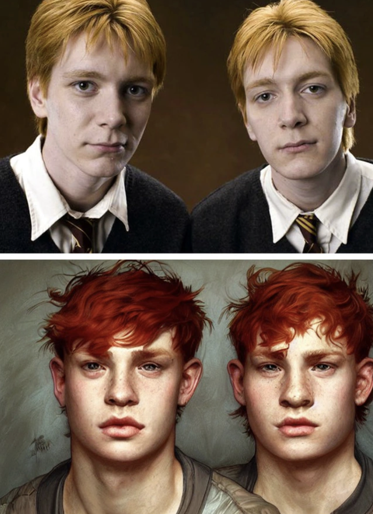 Anh em sinh đôi nhà Weasley, Fred - George, được mô tả là khá chắc nịch với mái tóc đỏ trứ danh cùng tàn nhang. Tuy nhiên, phiên bản điện ảnh thì trái ngược hoàn toàn. Hai anh chàng gầy hơn hẳn và tinh nghịch, lém lỉnh. 