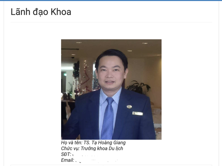 Thông tin giới thiệu lãnh đạo khoa du lịch Trường đại học Phan Thiết trên website nhà trường thể hiện ông Tạ Hoàng Giang với chức vụ trưởng khoa - Ảnh chụp màn hình