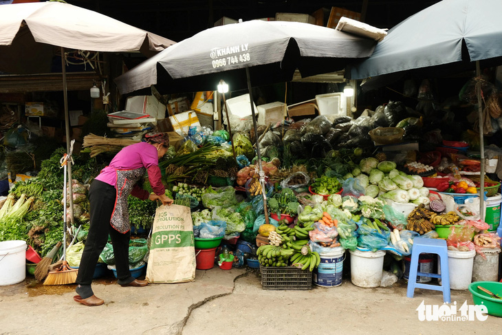 Cô Lê Thị Thanh Hương, 64 tuổi, chủ sạp rau ở chợ Bưởi vài chục năm: &quot;Chợ ế quá cháu ơi&quot; - Ảnh: ĐẬU DUNG