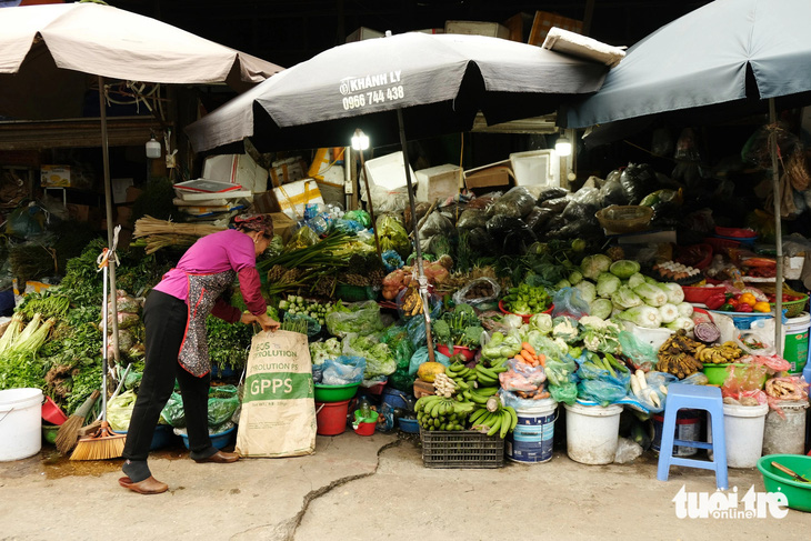 Cô Lê Thị Thanh Hương 64 tuổi, chủ sạp rau ở chợ Bưởi vài chục năm: "Chợ ế quá cháu ơi" - Ảnh: ĐẬU DUNG