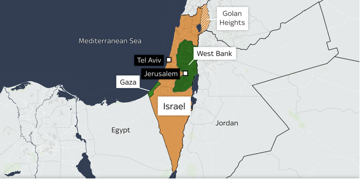 Bản đồ Israel và Palestine. Phần màu xanh là vùng lãnh thổ Palestine bị chiếm đóng - Ảnh: Sky News