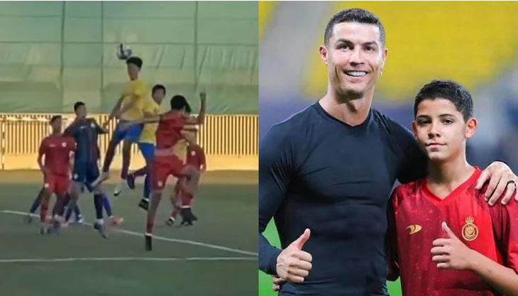 Con trai Ronaldo với pha bật cao ghi bàn gây sốt - Ảnh: Getty