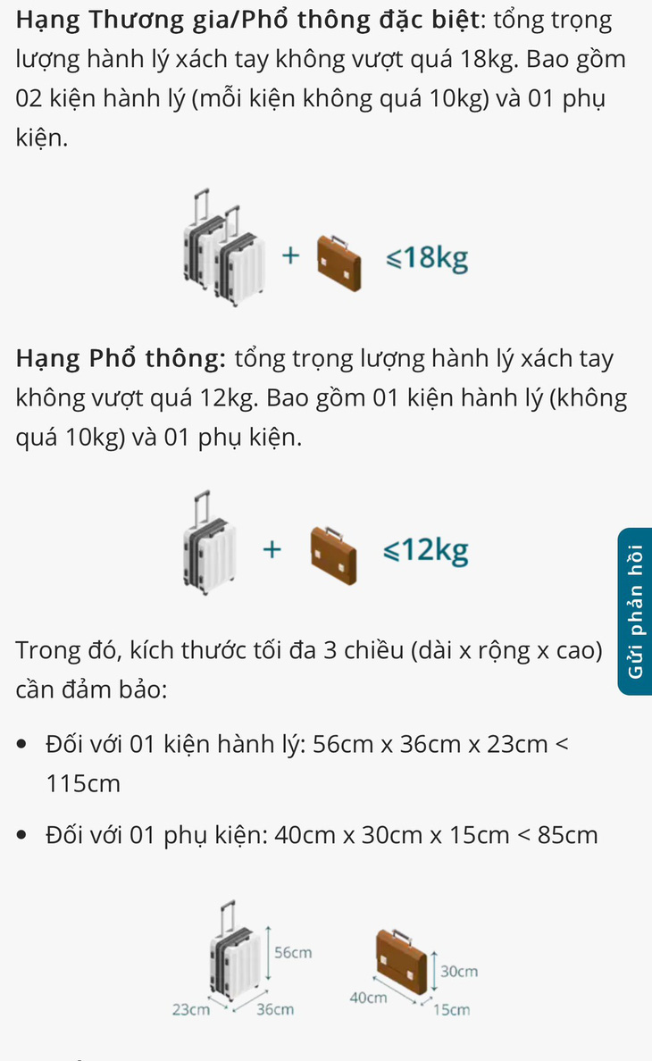 Quy định hành lý xách tay của Vietnam Airlines - Ảnh chụp màn hình website Vietnam Airlines