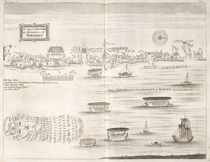Hình vẽ Kẻ Chợ nhìn từ sông Cái (sông Hồng) trong cuốn Ghi chép về vương quốc Đàng Ngoài (A Description of the Kingdom of Tonqueen) của Samuel Baron (1685), gồm hình in trong sách và bản vẽ gốc