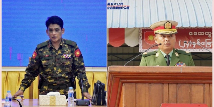 Chuẩn tướng Tun Tun Myint (trái) và chuẩn tướng Moe Kyaw Thu, 2 trong số 3 chuẩn tướng bị Myanmar tử hình vì thất bại trước quân nổi dậy - Ảnh: KOKANG NEWS