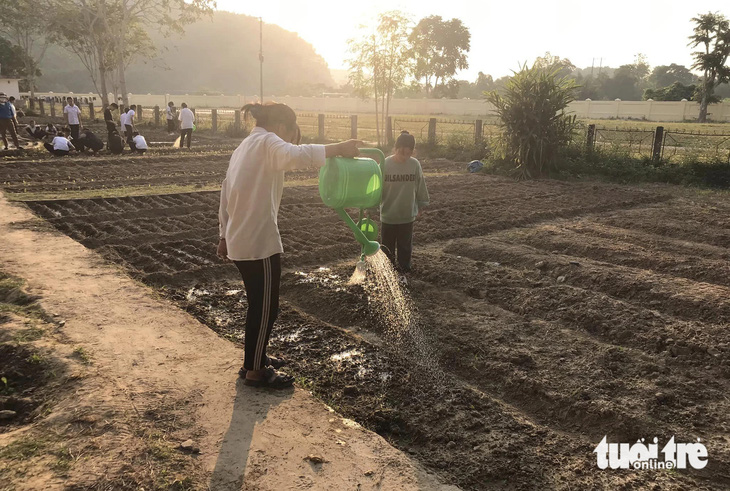 Sau khi làm đất, các em được phân công tưới nước, trồng rau - Ảnh: DOÃN HÒA