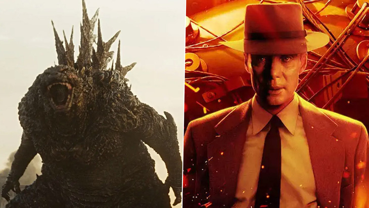 Godzilla -1.0 (trái) và Oppenheimer, hai bộ phim độc bá tại hai giải thưởng lớn của điện ảnh Mỹ và Nhật năm nay đều nói về bom hạt nhân - Ảnh: TOHO/ Universal Pictures