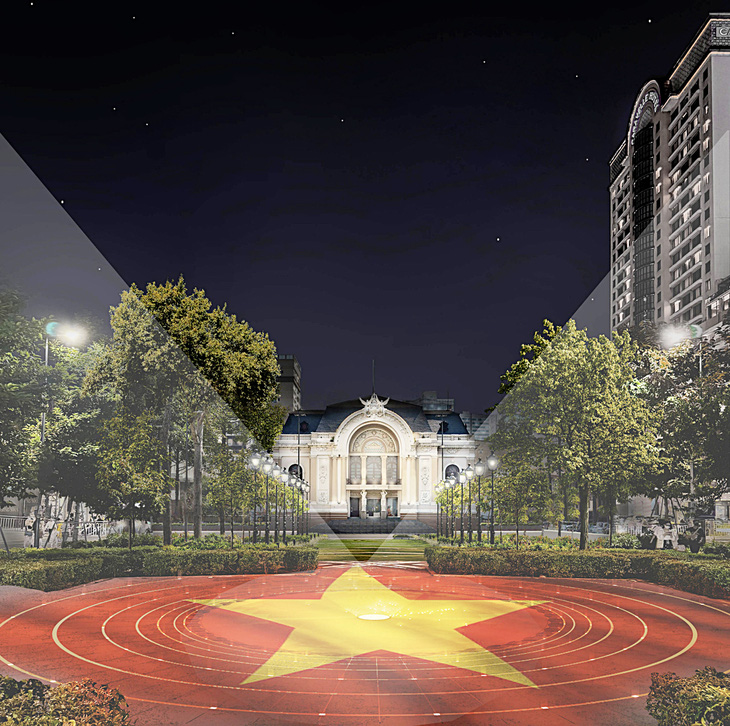 Phối cảnh biểu tượng sóng nước được trình chiếu công nghệ 3D mapping về đêm của tác giả đoạt giải nhất Bùi Minh Châu  - Ảnh: NVCC
