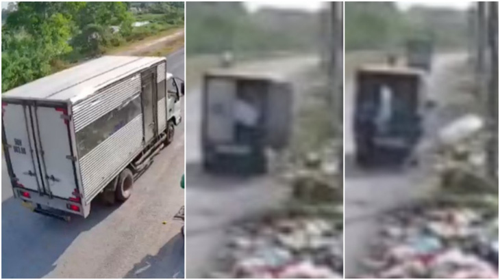 Camera ghi lại sự việc xe tải dừng lại trên đường Trần Hải Phụng, xã Vĩnh Lộc B, huyện Bình Chánh. Sau đó hai người đã ném rác thải trên xe tải xuống bên đường - Ảnh cắt từ video do camera ghi lại