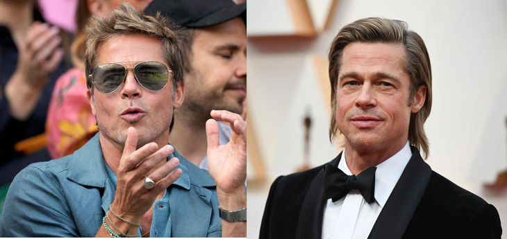 Brad Pitt tại Oscar 2020 (phải) và tại Wimbledon năm ngoái, ta có thể thấy số lượng nếp nhăn đã giảm bớt - Ảnh: GETTY IMAGES