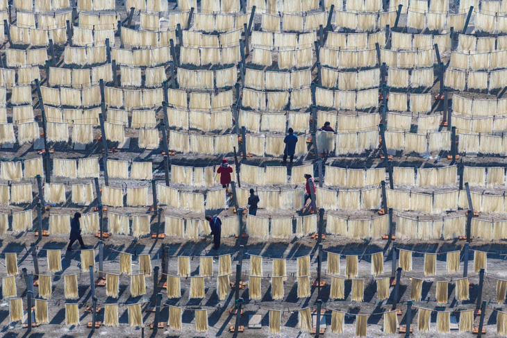 Người dân phơi mì trên cánh đồng, chuẩn bị cho phiên chợ Tết Nguyên đán ở Hoài An, tỉnh Giang Tô, miền Đông Trung Quốc, ngày 25-1 - Ảnh: AFP