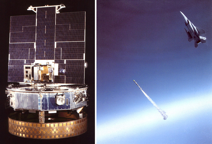 Vệ tinh Solwind P78-1 (trái) và máy bay thử nghiệm  phóng tên lửa phá hủy vệ tinh vào ngày 13-9-1985 - Ảnh: USAF