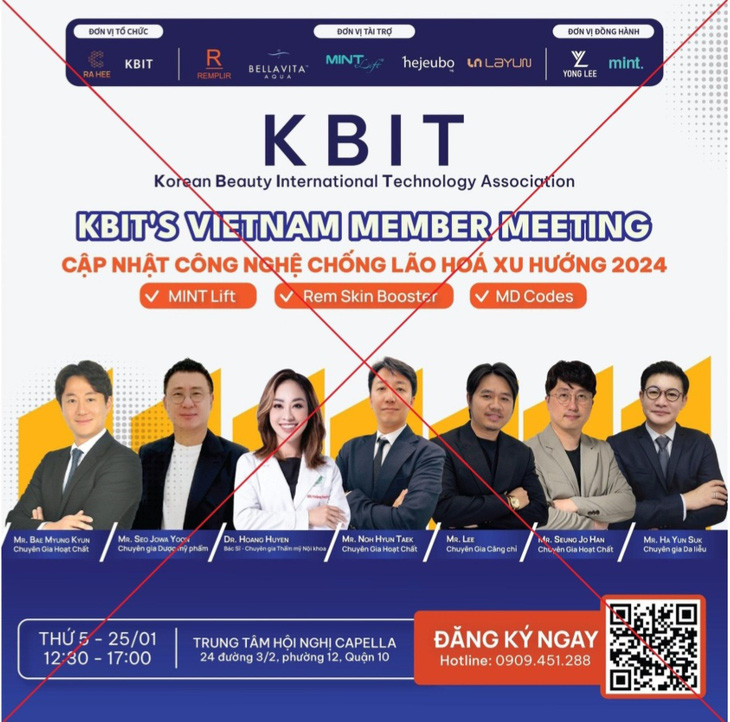 Hình ảnh quảng cáo hội thảo “KBIT’s Vietnam member meeting - cập nhật công nghệ chống lão hóa xu hướng 2024” được tổ chức trái phép - Ảnh: SYT