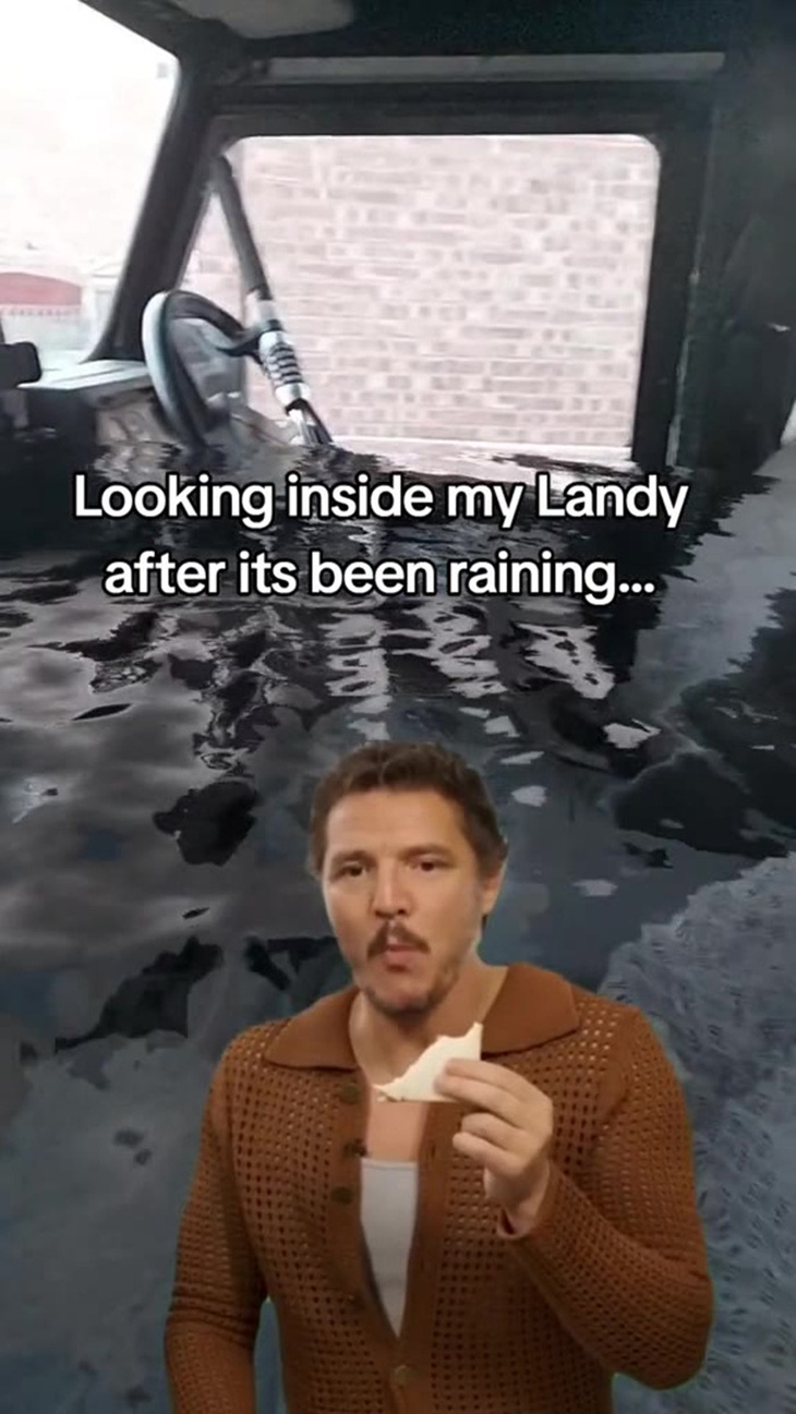 Hình ảnh từ một video hài hước mà Matt và Jess chia sẻ trên TikTok mô tả điều họ gặp phải khi trời mưa lớn - Ảnh: @the.big.green.rover/TikTok