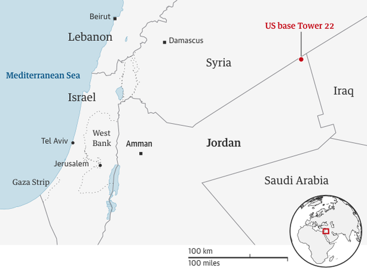 Bản đồ vị trí tiền đồn quân sự có lính Mỹ bị tấn công ở biên giới Jordan, Syria và Iraq - Ảnh: THE GUARDIAN