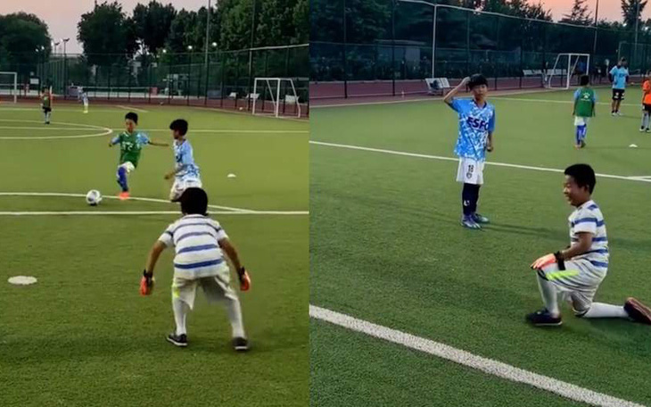 Cậu bé đứng ngây người vì sút tung lưới thủ môn đội nhà