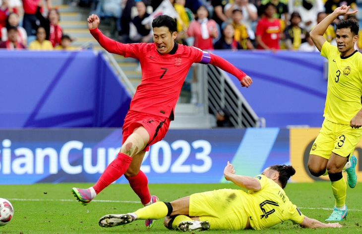 Tuyển Malaysia (phải) trong trận hòa Hàn Quốc 3-3 ở Asian Cup 2023 - Ảnh: Reuters