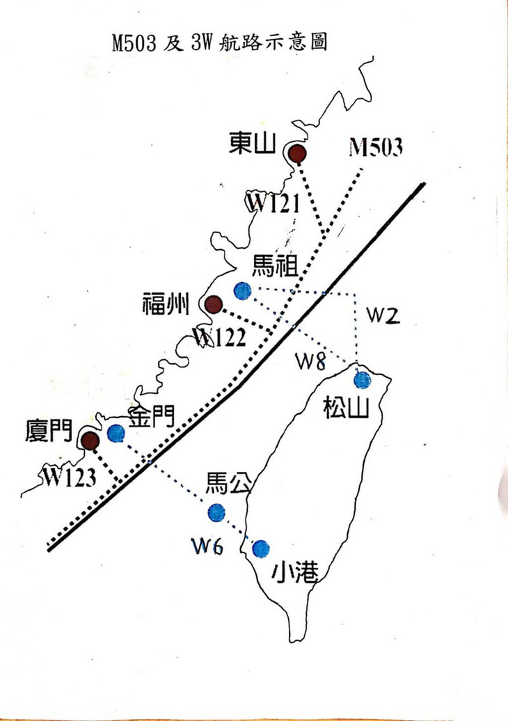 Tuyến đường bay M503  gần đường phân cách không chính thức ở eo biển Đài Loan và các tuyến W122,  W123 - Ảnh: Cơ quan Hàng không dân dụng Đài Loan