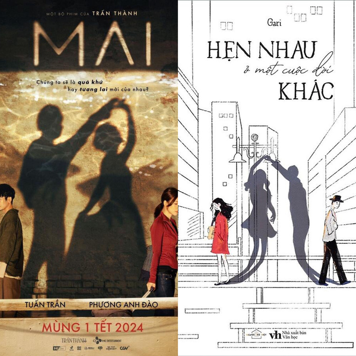 Poster phim Mai (bên trái) và bìa sách Hẹn nhau ở một cuộc đời khác có nhiều điểm tương đồng - Ảnh: BTC