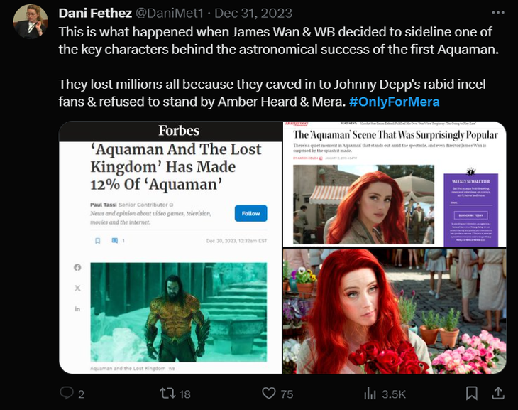 Một người dùng X cho rằng Amber Heard chính là yếu tố quyết định thành công của Aquaman 1, đồng thời khẳng định Aquaman 2 thất bại về doanh thu là do hãng này từ chối đứng về phía cô trong phiên tòa với Johnny Depp - Ảnh: X