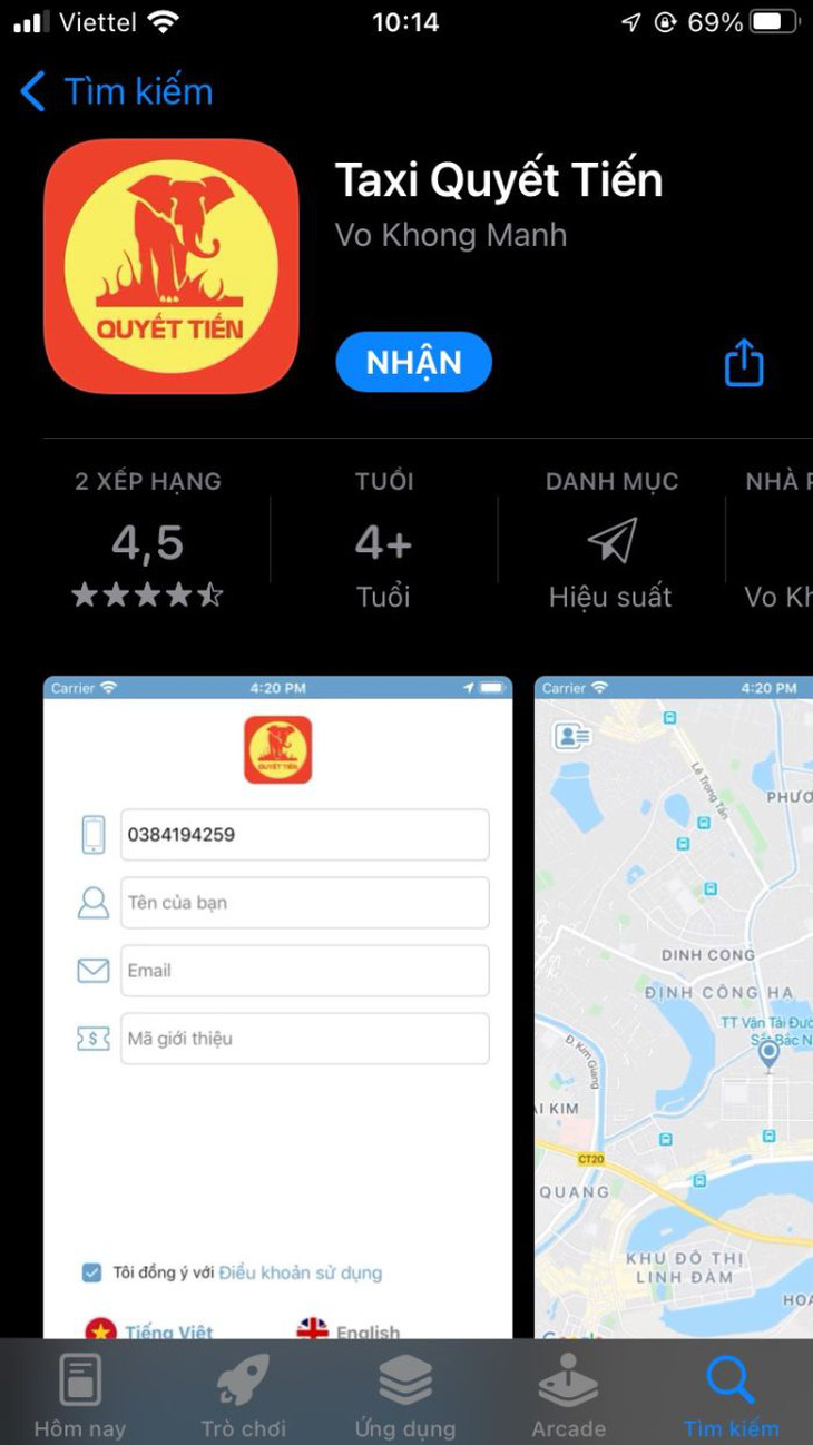 Giao diện của ứng dụng taxi Quyết Tiến có trên hệ điều hành iOS và android - Ảnh: Chụp màn hình