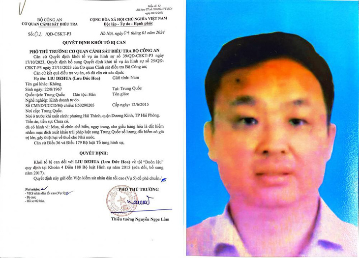 Bị can Lưu Đức Hoa đã xuất cảnh về Trung Quốc nên cơ quan điều tra sẽ ra quyết định truy nã - Ảnh: Bộ Công an