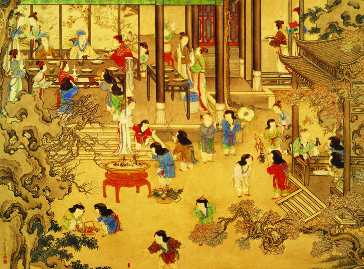 Một góc bức họa “Niềm vui đón năm mới” của họa sĩ Diêu Văn Hãn thời nhà Thanh. Ảnh: Wikimedia Commons