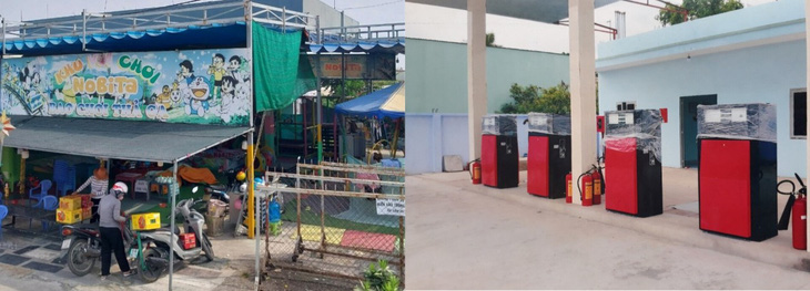 Cửa hàng xăng dầu của ông Trần Cao Nam xây dựng hoàn chỉnh (bên phải ảnh) rồi bỏ phế gần 10 năm. Hiện ông Nam cho người quen làm nơi tổ chức trò chơi trẻ em để trông giữ mặt bằng (bên trái ảnh) - Ảnh: ÁI NHÂN