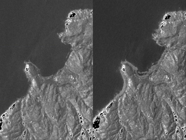 So sánh giữa tháng 6-2023 (ảnh trái) và tháng 1-2024 (ảnh phải) cho thấy bờ biển được mở rộng tại một khu vực ở phía tây bán đảo Noto, tỉnh Ishikawa sau trận động đất mạnh 7,6 độ hôm 1-1 - Ảnh: Cơ quan Thông tin không gian địa lý Nhật Bản