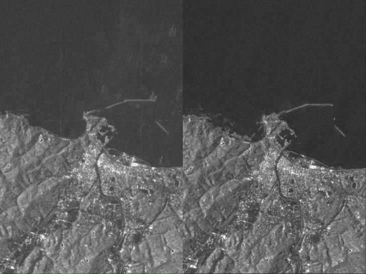 Một cảng cá trên bán đảo Noto trước (ảnh trái) và sau (ảnh phải) trận động đất, cho thấy vùng đất ven biển mới xuất hiện - Ảnh: Cơ quan Thông tin không gian địa lý Nhật Bản