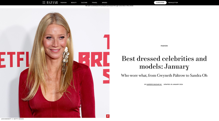 Harper's Bazaar UK sử dụng hình ảnh của nữ minh tinh để minh họa cho tiêu đề bài viết về các sao nữ lọt Top mặc đẹp nhất tháng 1.
