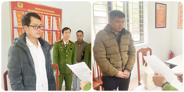 Cơ quan điều tra Công an tỉnh Thái Bình tống đạt quyết định khởi tố vụ án và thi hành lệnh bắt đối với hai cựu cán bộ Ngân hàng PVcombank là Nguyễn Mạnh Tuế (bìa trái) và Phan Văn Dương - Ảnh: NGUYỄN TÙNG