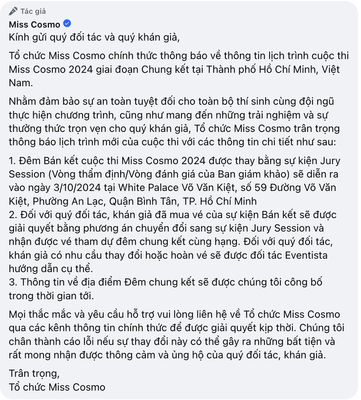 Nóng: Miss Cosmo thay đổi lịch trình bán kết và chung kết sau sự cố sập sân khấu - Ảnh 3.