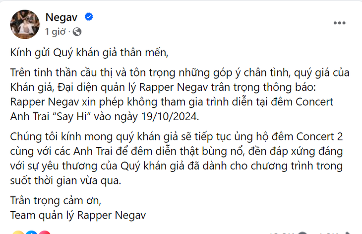 Negav chính thức không tham gia concert thứ 2 của Anh trai say hi, khán giả ào vô tranh cãi - Ảnh 2.