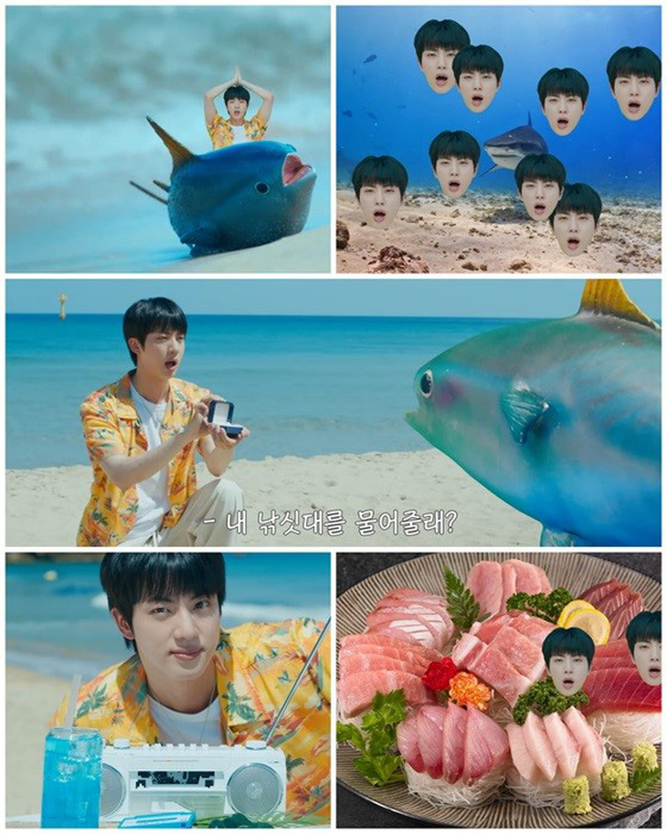 Jin (BTS) đỏ mặt kể về nụ hôn với cá ngừ trong MV 'Super Tuna'  - Ảnh 1.