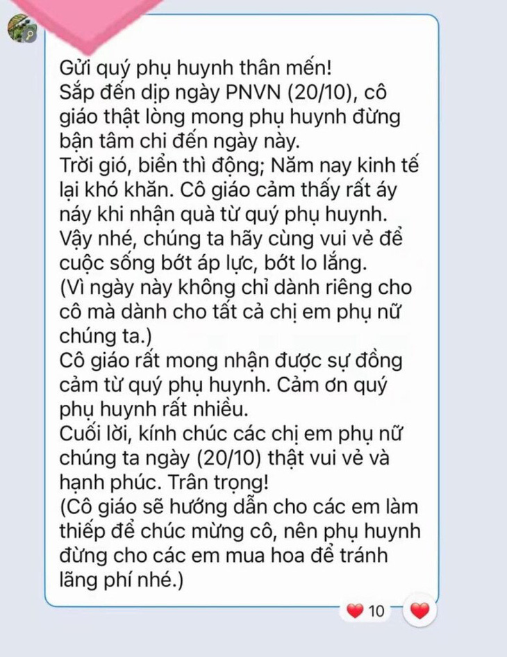 Xôn xao tin nhắn cô giáo gửi phụ huynh học sinh 'đừng bận tâm' chuyện quà 20