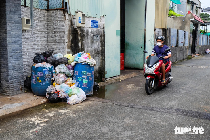 Nửa tháng chưa đổ, rác thải chất đống trước nhà người dân ở Thủ Đức - Ảnh 1.