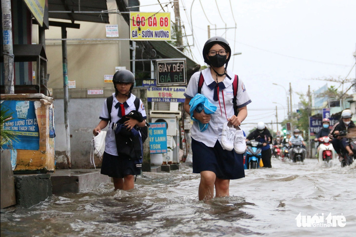 Triều cường tràn bờ vào giờ tan tầm, người dân chật vật lội nước về nhà - Ảnh 3.