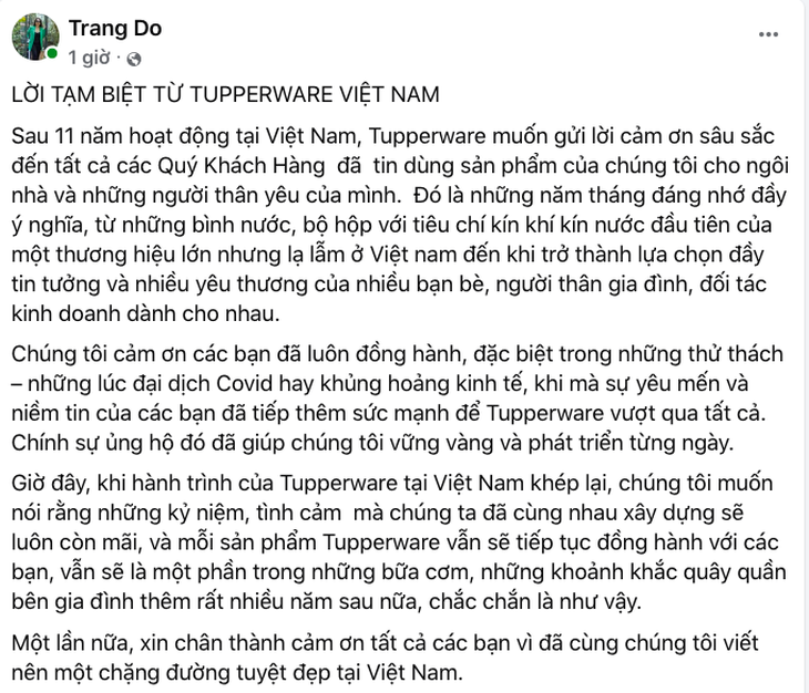 Hãng đồ gia dụng nổi tiếng Tupperware nói lời tạm biệt tại Việt Nam - Ảnh 1.