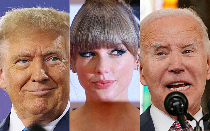 Taylor Swift (giữa) có thể là nhân tố quyết định nếu ông Trump (trái) và ông Biden tái đấu - Ảnh: REUTERS