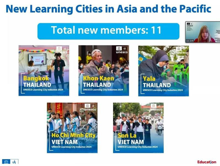 Màn hình thời điểm công bố hai thành phố của Việt Nam là thành phố Hồ Chí Minh và thành phố Sơn La, tỉnh Sơn La được công nhận là thành viên “Mạng lưới thành phố học tập toàn cầu” - Ảnh: TTXVN