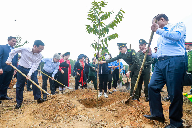 Chủ tịch nước Võ Văn Thưởng cùng các đại biểu trồng cây chò chỉ tại xã Kim Phú, TP Tuyên Quang - Ảnh: C.TUỆ