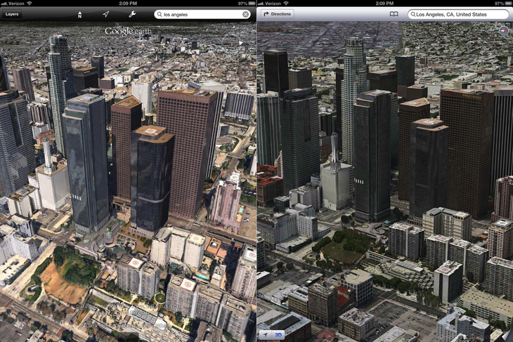 Ở những quốc gia đã có Look Around, hình ảnh 3D của Apple Maps (phải) được đánh giá là chân thực hơn so với Google Maps - Ảnh: iDownload Blog