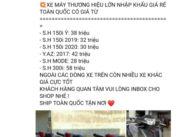 Một bài đăng kèm thông tin rao bán xe máy Honda SH giá rẻ so với xe chính hãng của các trang Facebook - Ảnh: CÔNG AN TỈNH BẮC GIANG