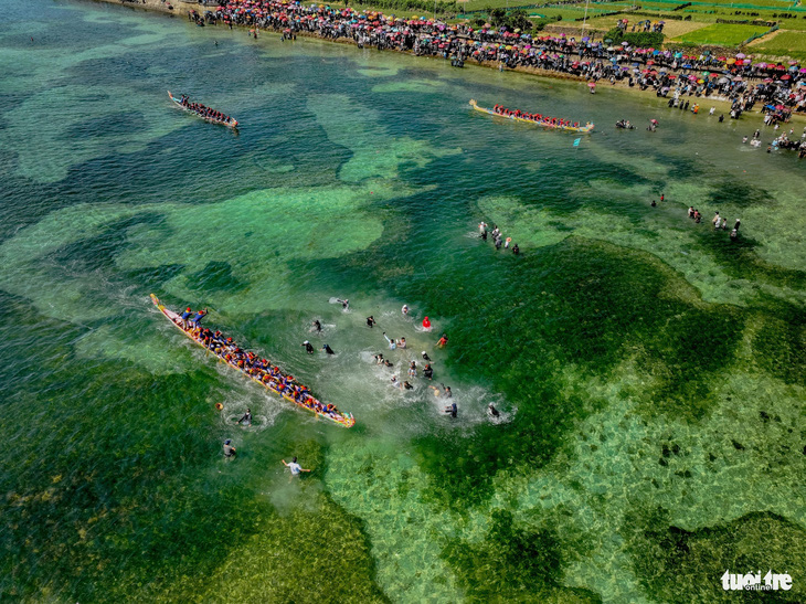 Các đội đua thuyền trên mặt nước trong vắt với rạn san hô như tranh của đảo Lý Sơn - Ảnh: THANH TRÍ