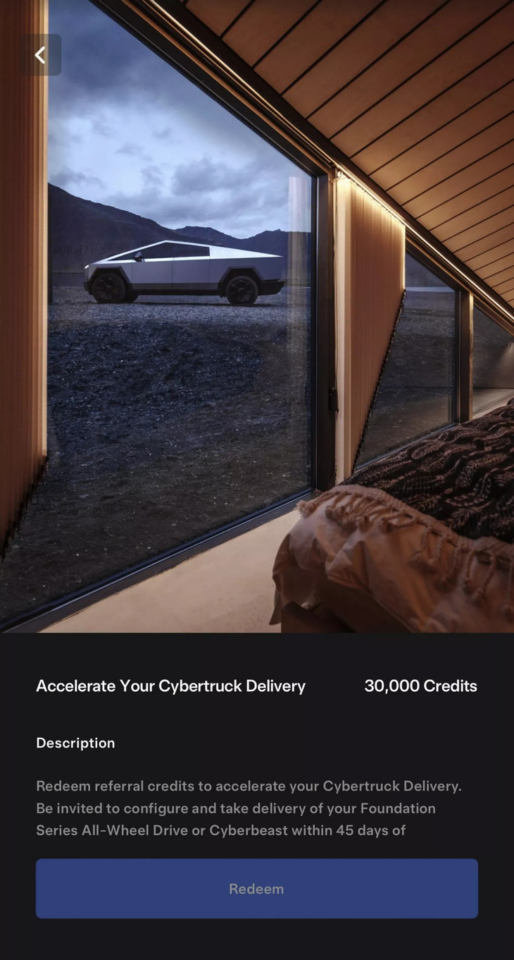 Thông báo cho phép người mua Tesla Cybertruck các bản cao cấp đẩy nhanh tiến độ nhận xe vừa xuất hiện trên ứng dụng Tesla - Ảnh chụp từ ứng dụng smartphone của Tesla