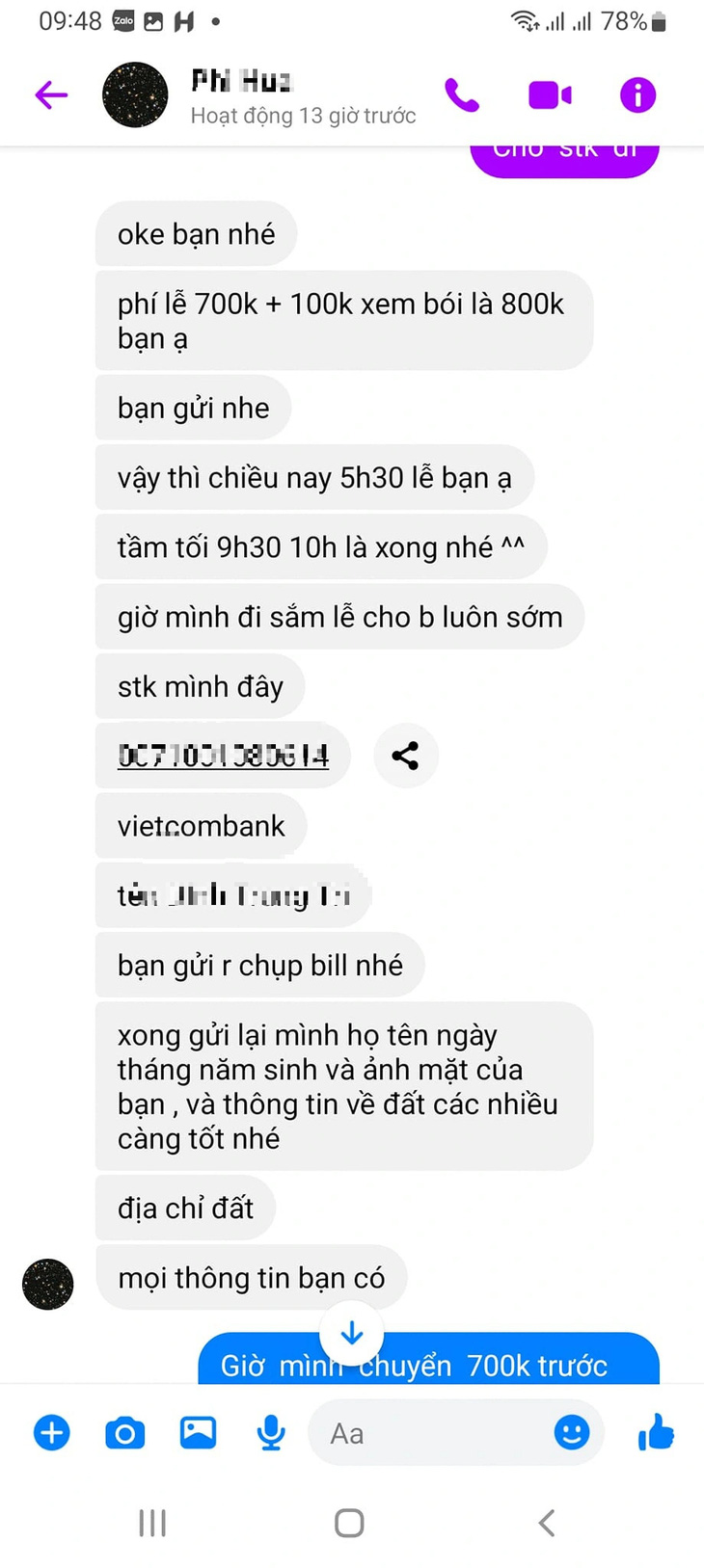 Facebook Vân Nguyễn "phốt" một thầy bói nhận 800.000 đồng rồi mất hút - Ảnh: FBNV
