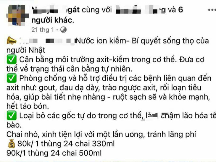 Trên các trang mạng xã hội quảng cáo nước ion kiềm như thần dược