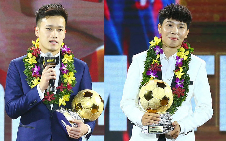Nguyễn Hoàng Đức là chủ nhân Quả bóng vàng nam 2023 (trái) và thủ thành Kim Thanh với Quả bóng vàng nữ 2023 - Ảnh: QUANG THỊNH